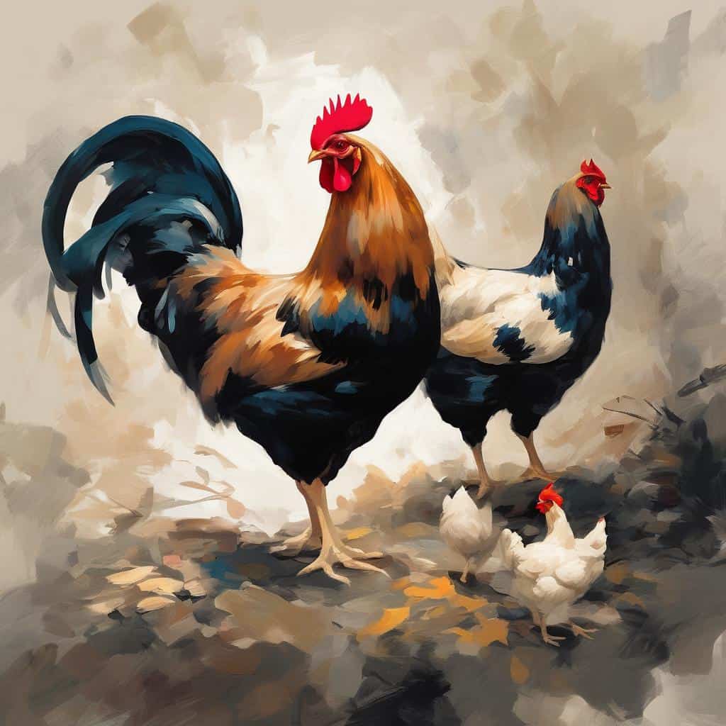 Λιοντάρι και κοτόπουλα σε ζωγραφική διάθεση, σύμβολο εσωτερικής αποκάλυψης και τέχνης.