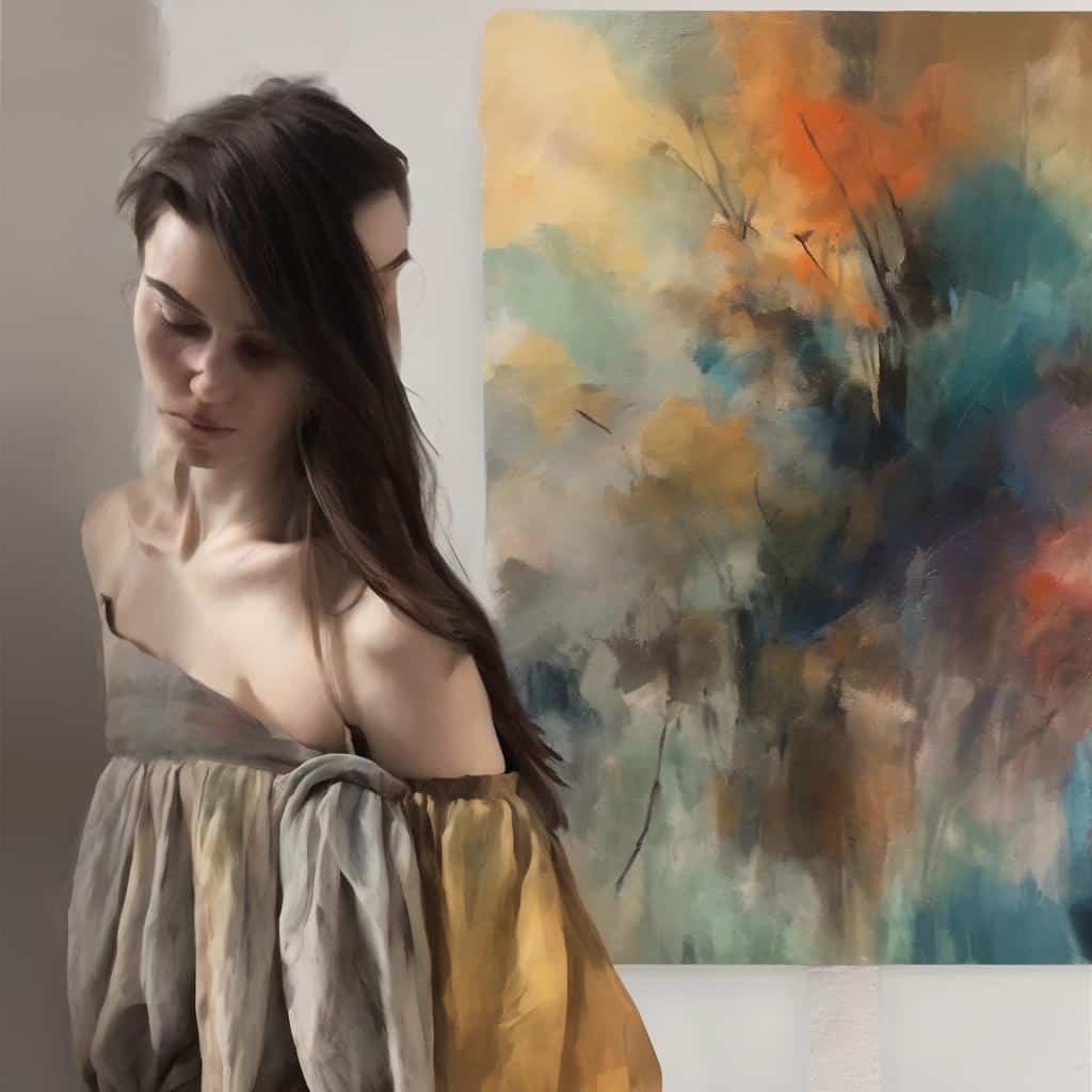 μοναδική γυναίκα σε γκαλερί με αφαιρετικό πίνακα ζωγραφικής, τέχνη ως οδός εσωτερικής αποκάλυψης.