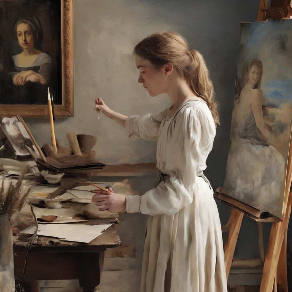 Σεγρόνιη γυναίκα ζωγραφίζει σε καμβά στον καλλιτεχνικό χώρο, δημιουργώντας έργα τέχνης με έμφαση στην εσωτερική αποκάλυψη.