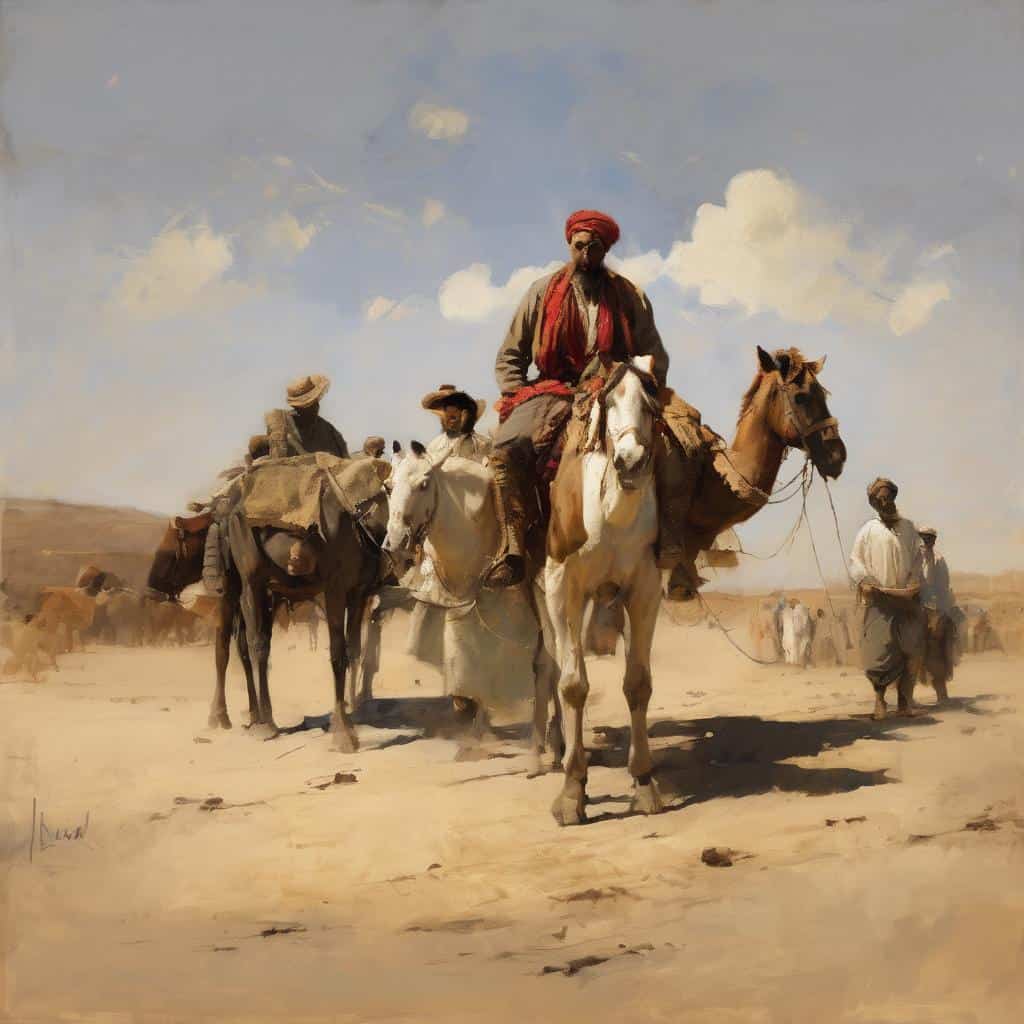 Πολλοί άνθρωποι σε έρημο με άλογα και καμήλες, σκηνές ζωγραφικής, καλλιτεχνική απεικόνιση, εσωτερική αποκάλυψη μέσω τέχνης.