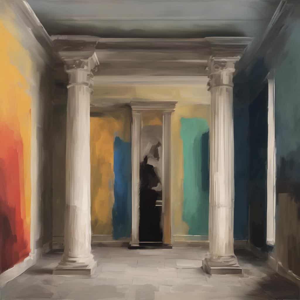 Λιθόστρωτο δωμάτιο με κίονες και πολύχρωμα τοιχώματα, αφιέρωμα στην τέχνη ως εσωτερική αποκάλυψη.