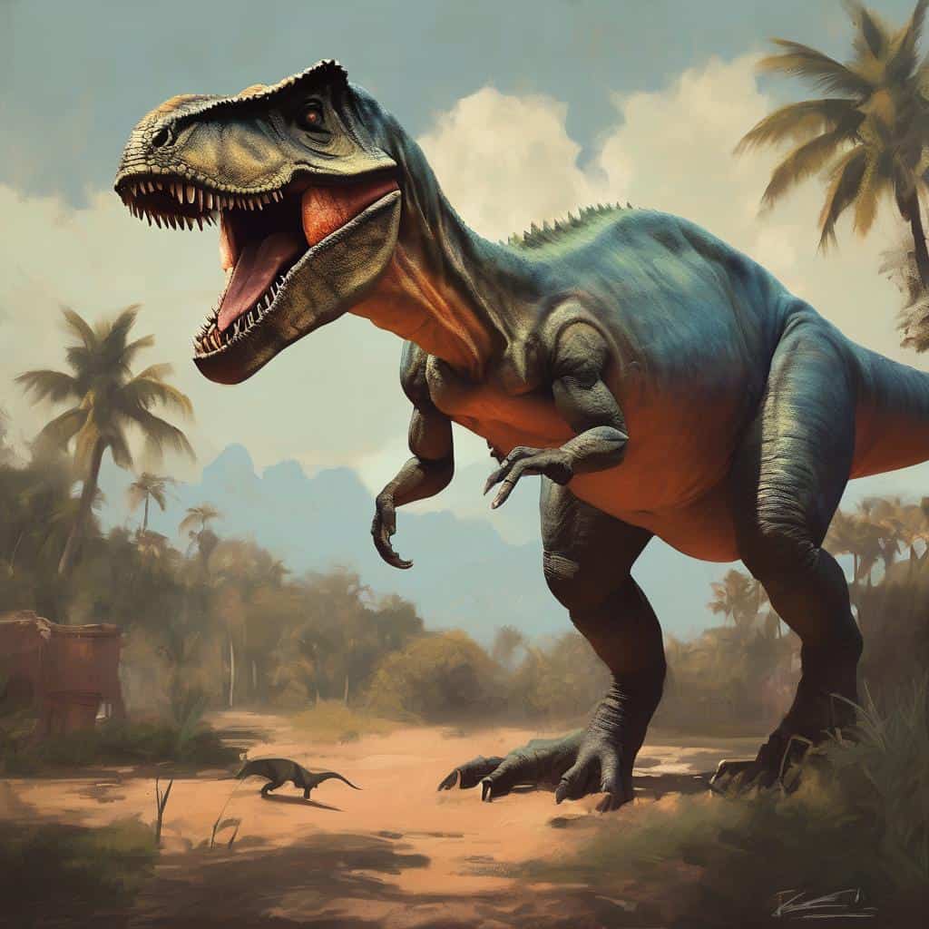 Τεράστιος δεινόσαυρος T-Rex στη ζούγκλα με πανέμορφο ουρανό, τέχνη και εξερεύνηση του εσωτερικού κόσμου.